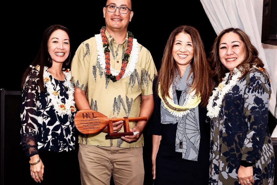 HCL board members Kawena Beaupré and Jaclyn Kaina presented the 2024 Impact Investor of the Year Award to the Stupski Foundation. Stupski board members Keoni Lee and Marisa Castuera Hayase accepted the award. Pictured L- R Beaupré, Lee, Hayase and Kaina.